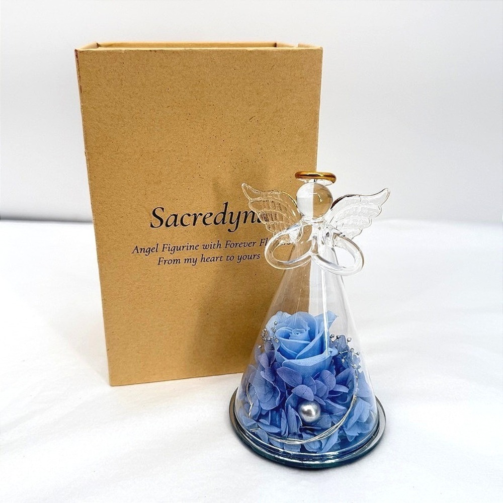 Sacredyna Angel Figurine Lighted Forever Flower Blue Rose Preserved Gift